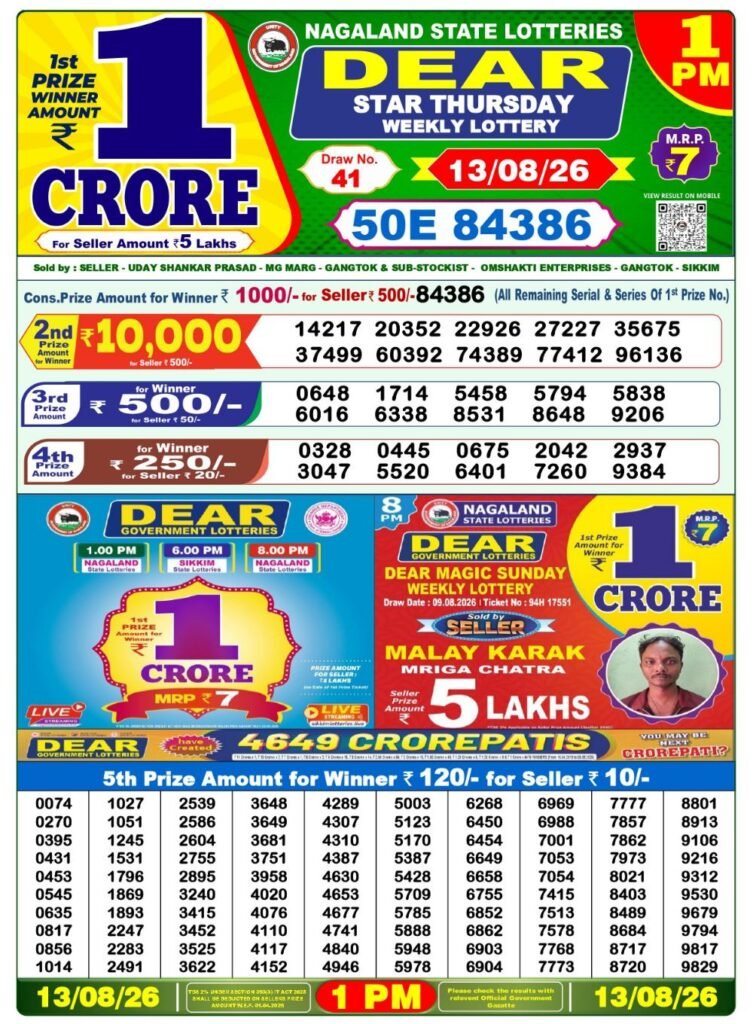 Dear Lottery Result Today 1 PM 13 Aug 2026