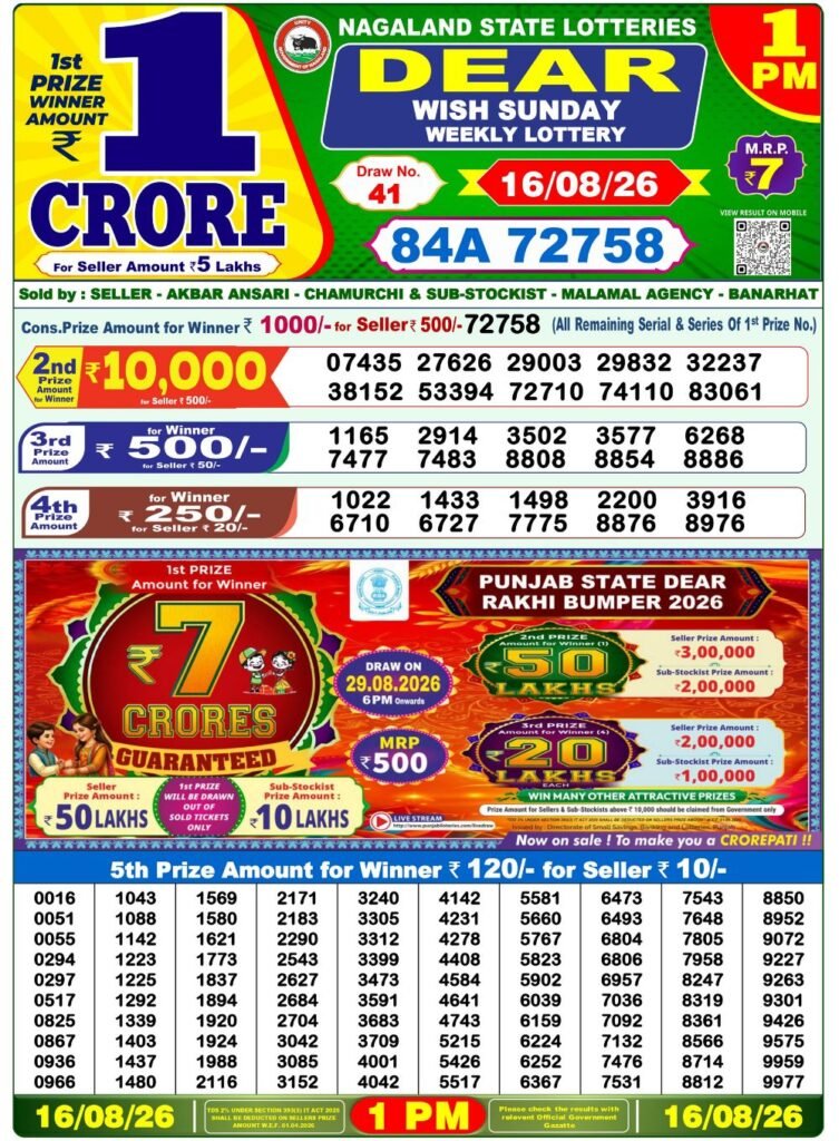 nagaland Lottery Result Today 1 PM 16 Aug 2026