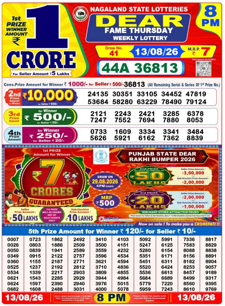nagaland Lottery Result Today 8 PM 13 Aug 2026